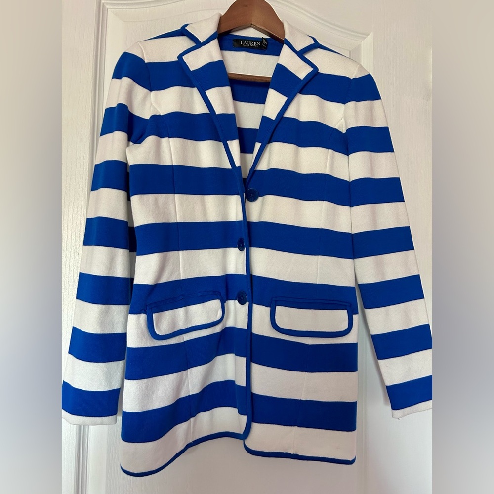 Ralph Lauren Blue and White Striped Women's Blazer Size SP